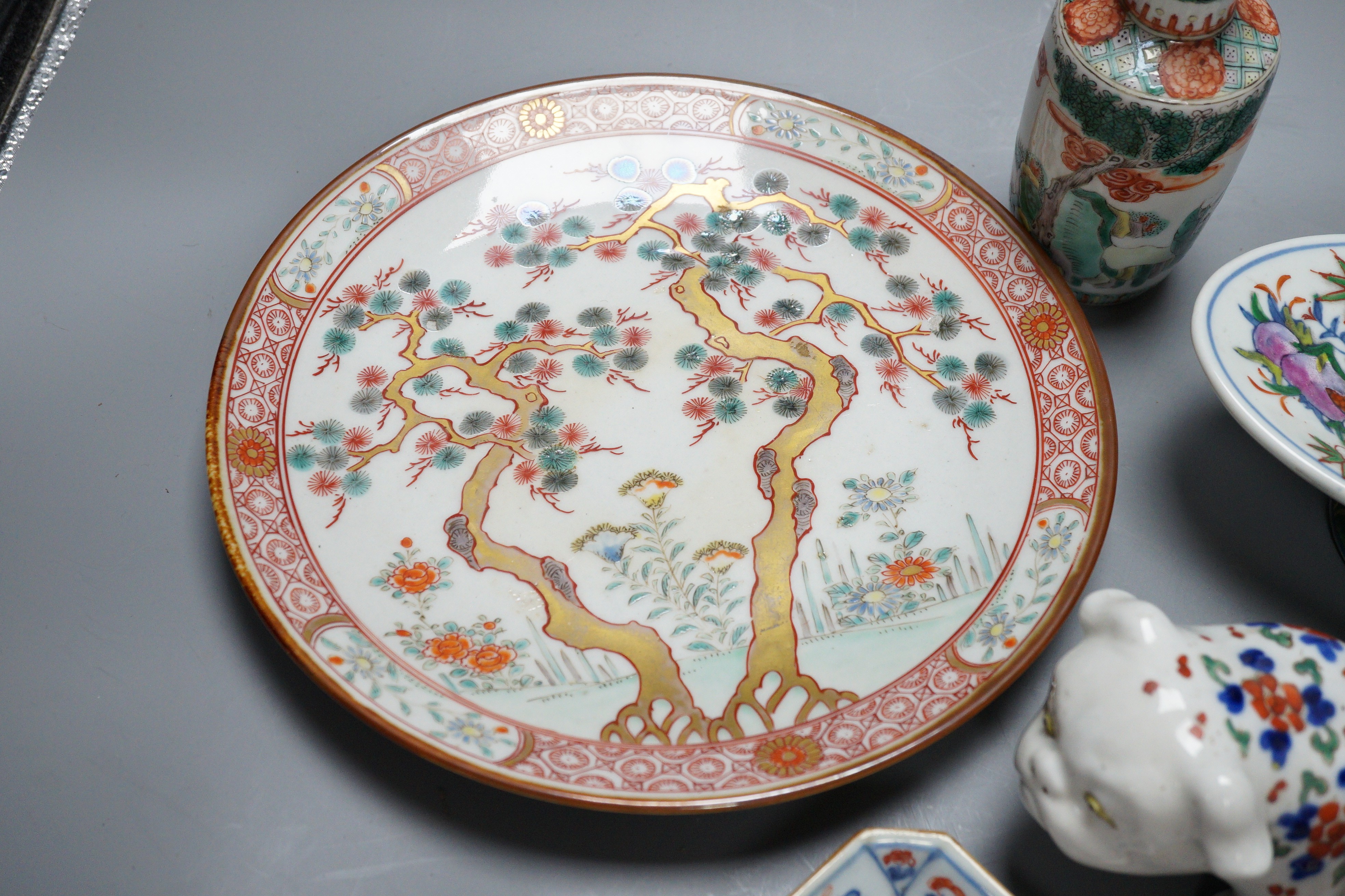 A group of Chinese and Japanese porcelain including an 18th century square Imari dish, a 19th century famille verte vase etc. (6)